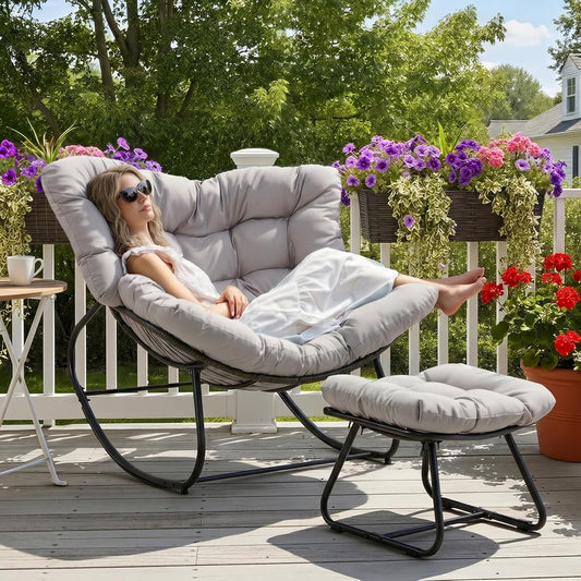 Wisteria Lane Patio Rocking Chair with Ottoman, Outdoor Indoor Rocking Egg Chair with Cushions, Metal Lounge Chair Oversized Papasan Chair, Outdoor Wicker Reading Chair for Porch Garden, Dark Grey