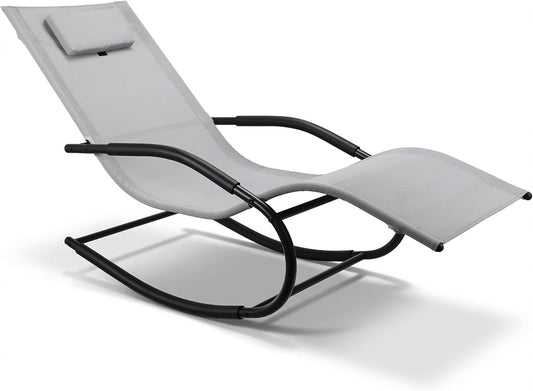 Zero Gravity Rocking Chair Lightweight Lounge Chair Recliner with Detachable Pillow Outdoor Chaise Lounge Chair for Patio, Lawn, Pool, Home Furniture, Grey