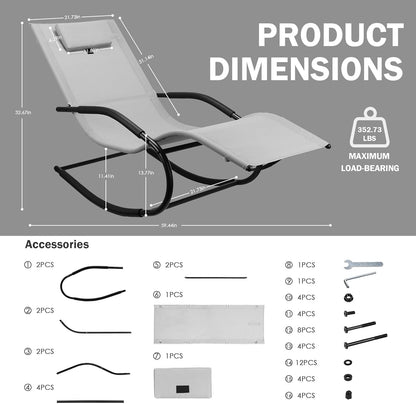 Zero Gravity Rocking Chair Lightweight Lounge Chair Recliner with Detachable Pillow Outdoor Chaise Lounge Chair for Patio, Lawn, Pool, Home Furniture, Grey