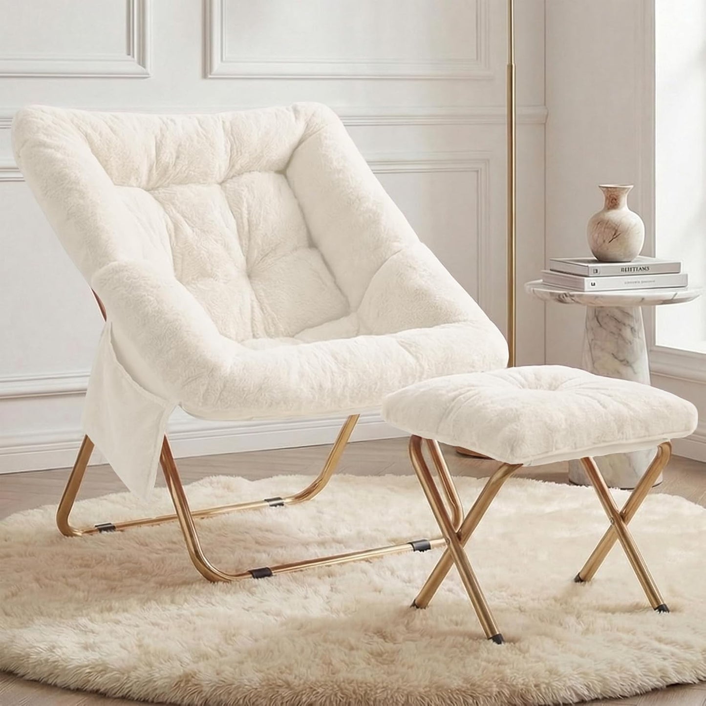 Comfy Saucer Chair for Adults, Foldable Living Room Chairs, Soft Faux Fur Lounge Chair for Bedroom, Reading Chairs, X-Large (Ottoman-White)