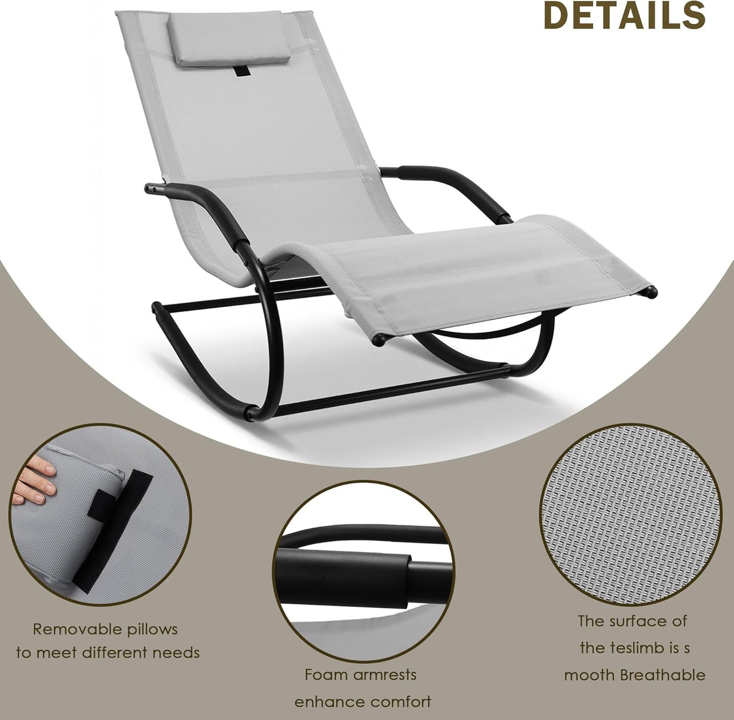 Zero Gravity Rocking Chair Lightweight Lounge Chair Recliner with Detachable Pillow Outdoor Chaise Lounge Chair for Patio, Lawn, Pool, Home Furniture, Grey