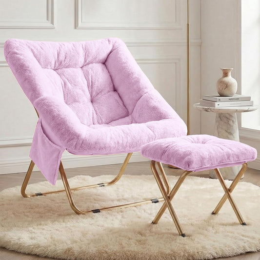 Comfy Saucer Chair for Adults, Foldable Living Room Chairs, Soft Faux Fur Lounge Chair for Bedroom, Reading Chairs, X-Large (Ottoman-White)