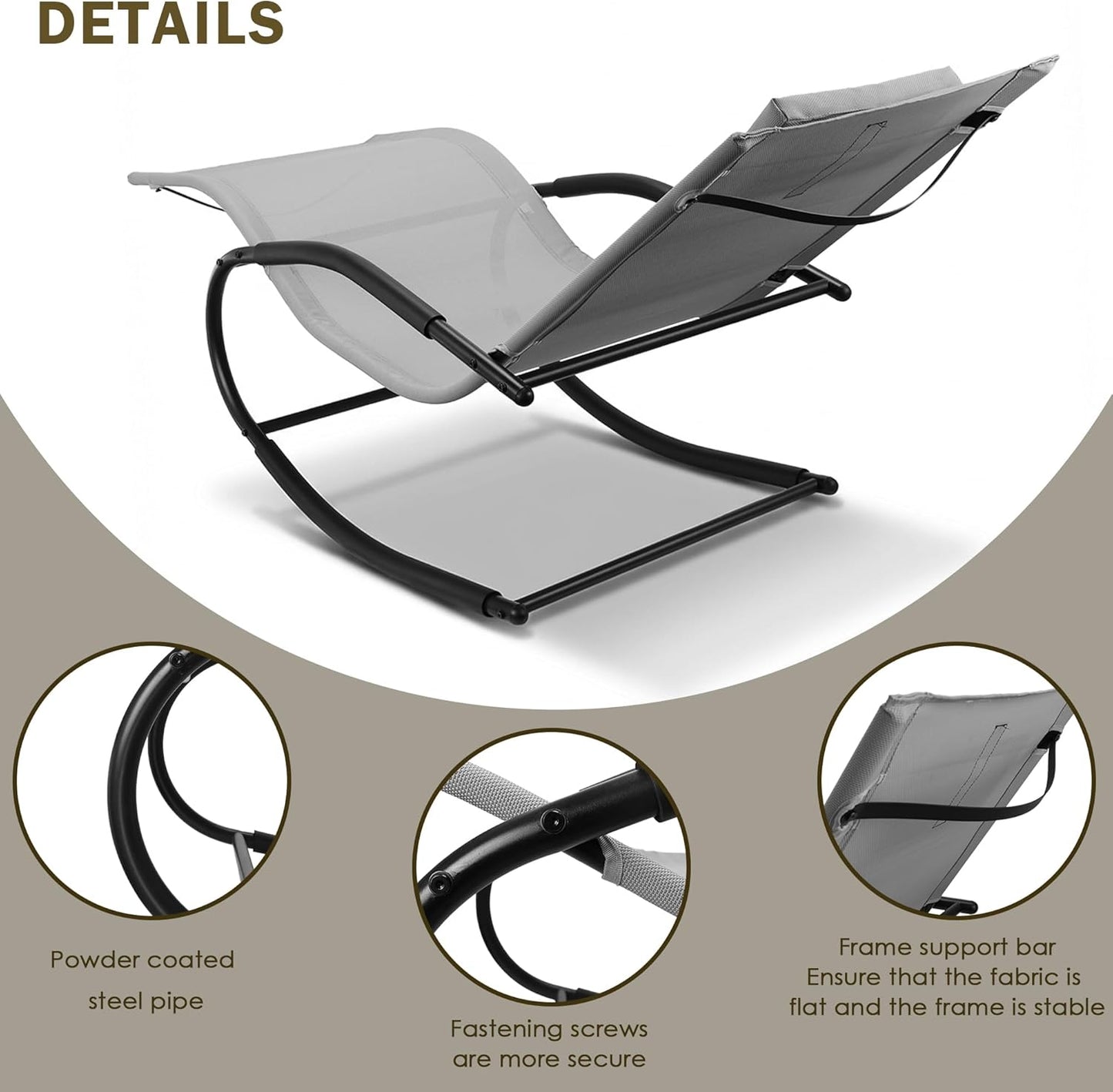 Zero Gravity Rocking Chair Lightweight Lounge Chair Recliner with Detachable Pillow Outdoor Chaise Lounge Chair for Patio, Lawn, Pool, Home Furniture, Grey