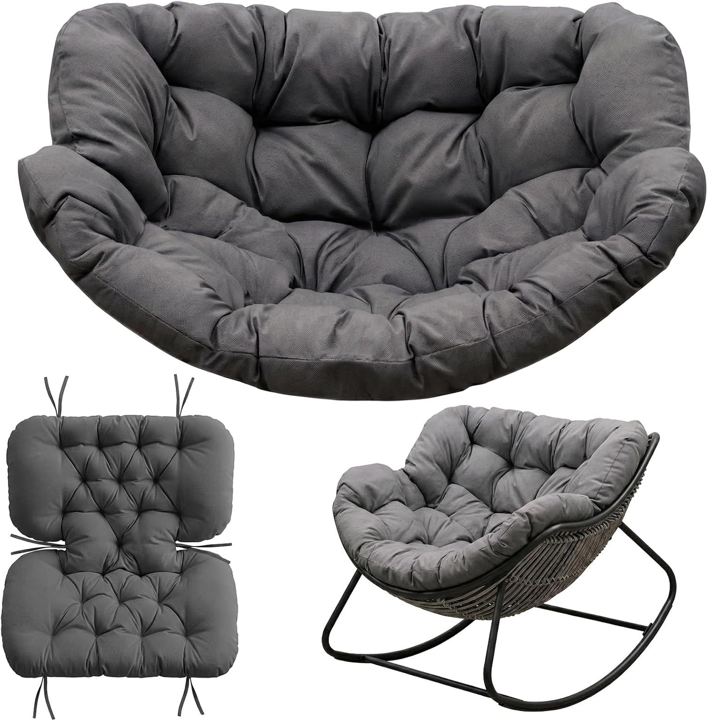 Waterproof Papasan Rocking Chair Cushion, Patio Rocking Egg Chairs Cushions with Ties, for Porch, Garden, Balcony, Only Cushion (Dark Gray, 51 * 47 * 5in)