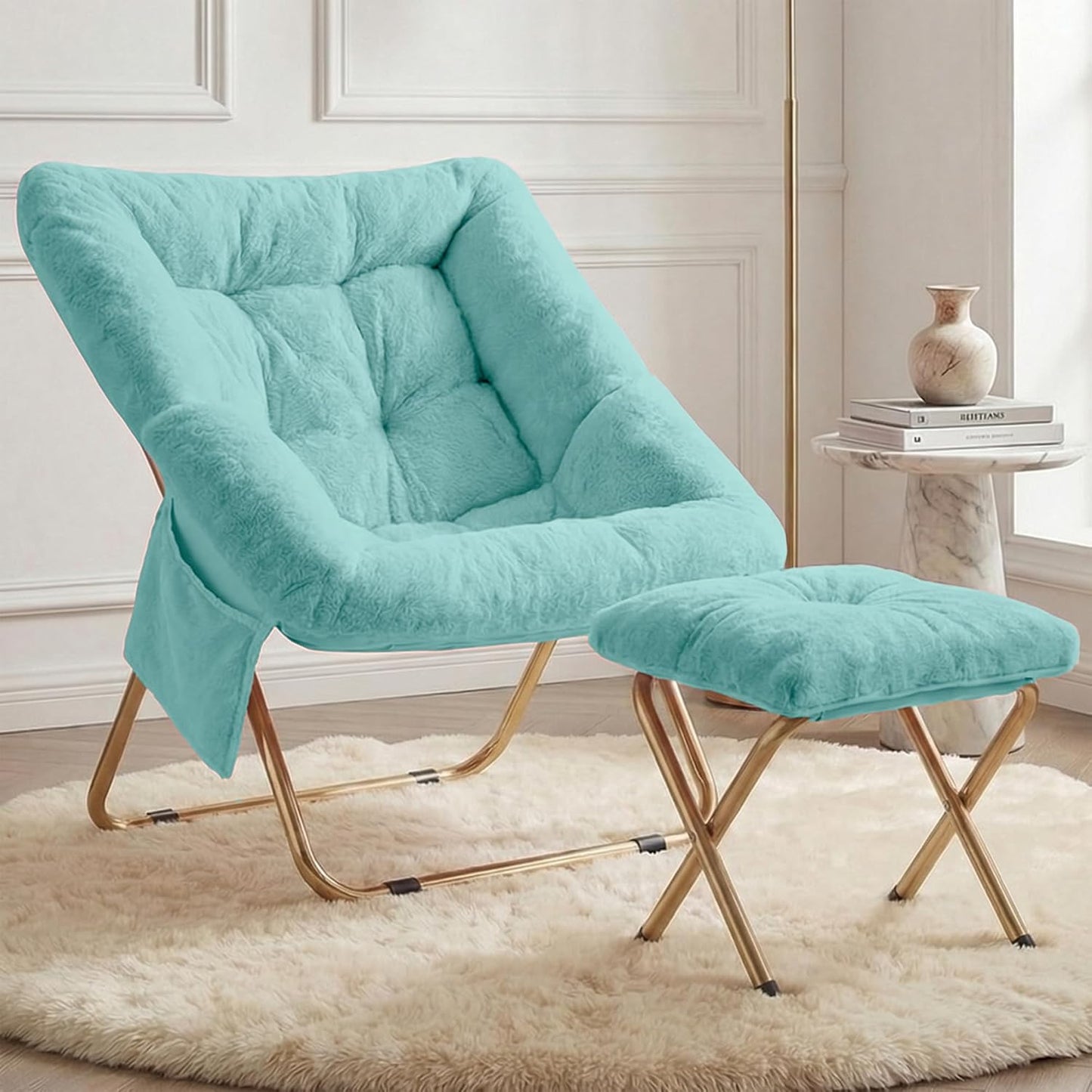 Comfy Saucer Chair for Adults, Foldable Living Room Chairs, Soft Faux Fur Lounge Chair for Bedroom, Reading Chairs, X-Large (Ottoman-White)