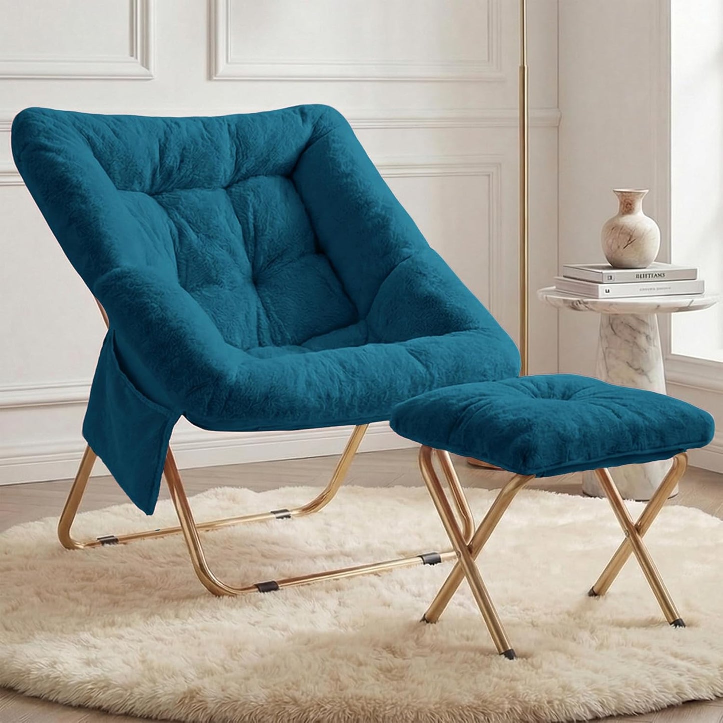 Comfy Saucer Chair for Adults, Foldable Living Room Chairs, Soft Faux Fur Lounge Chair for Bedroom, Reading Chairs, X-Large (Ottoman-White)