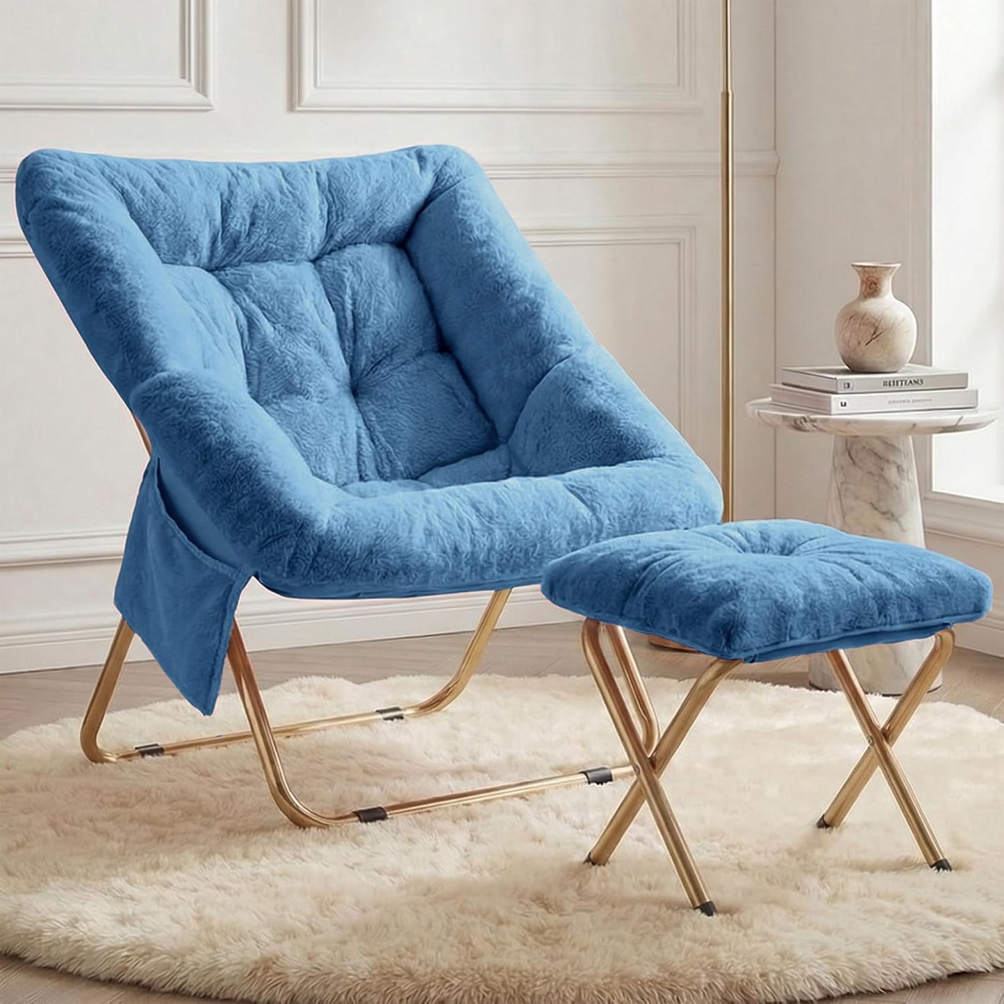 Comfy Saucer Chair for Adults, Foldable Living Room Chairs, Soft Faux Fur Lounge Chair for Bedroom, Reading Chairs, X-Large (Ottoman-White)