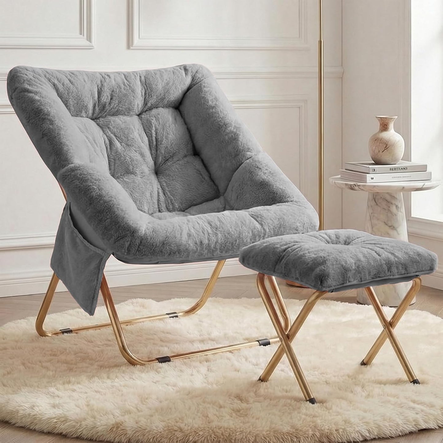 Comfy Saucer Chair for Adults, Foldable Living Room Chairs, Soft Faux Fur Lounge Chair for Bedroom, Reading Chairs, X-Large (Ottoman-White)