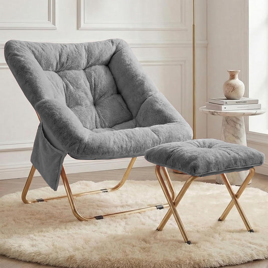 Comfy Saucer Chair for Adults, Foldable Living Room Chairs, Soft Faux Fur Lounge Chair for Bedroom, Reading Chairs, X-Large (Ottoman-White)