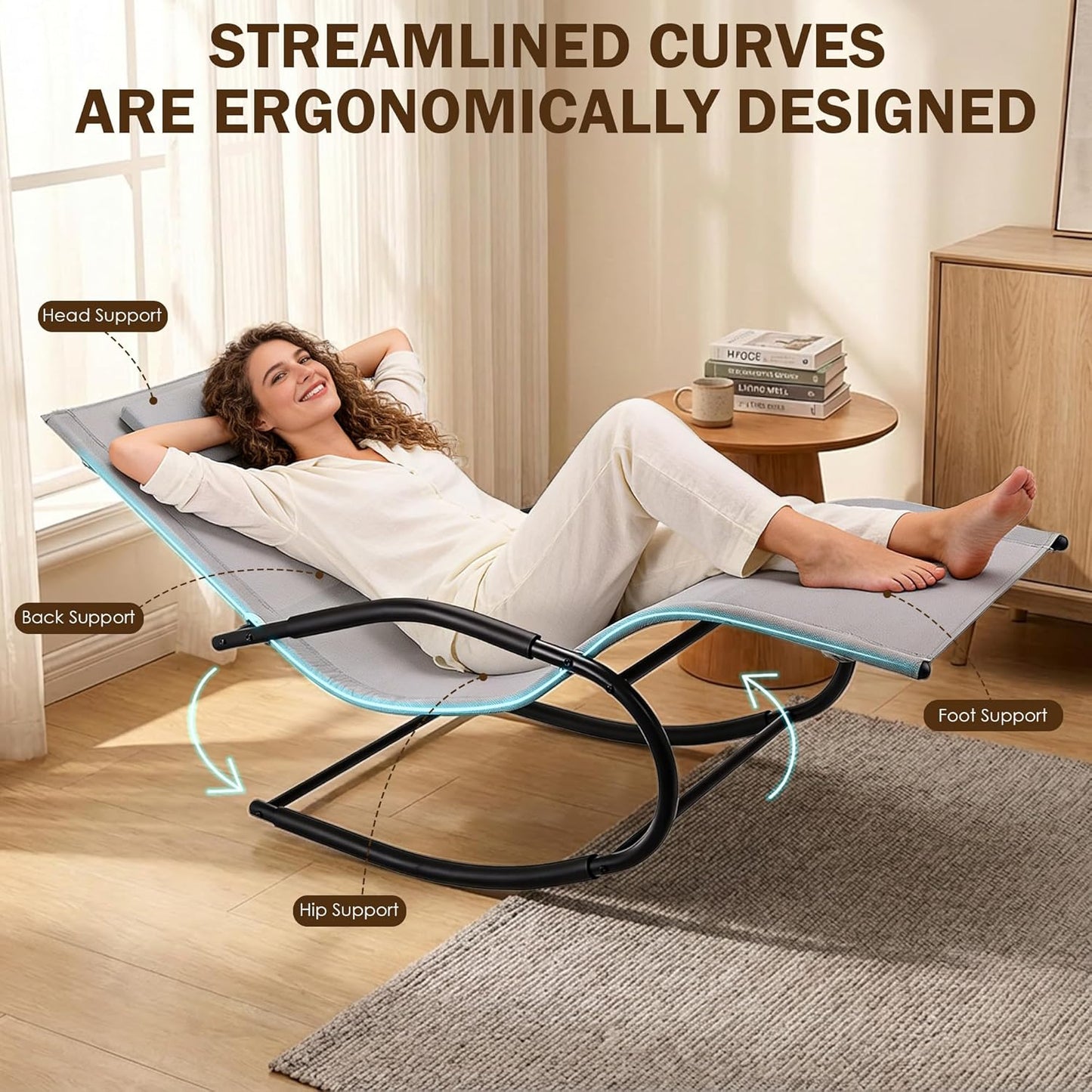 Zero Gravity Rocking Chair Lightweight Lounge Chair Recliner with Detachable Pillow Outdoor Chaise Lounge Chair for Patio, Lawn, Pool, Home Furniture, Grey