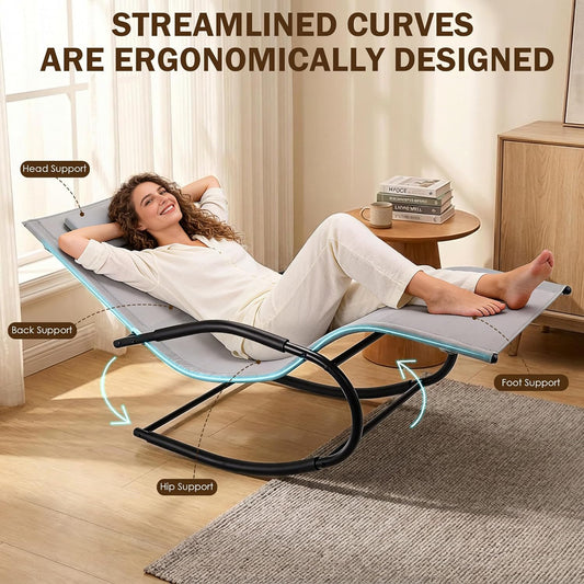 Zero Gravity Rocking Chair Lightweight Lounge Chair Recliner with Detachable Pillow Outdoor Chaise Lounge Chair for Patio, Lawn, Pool, Home Furniture, Grey