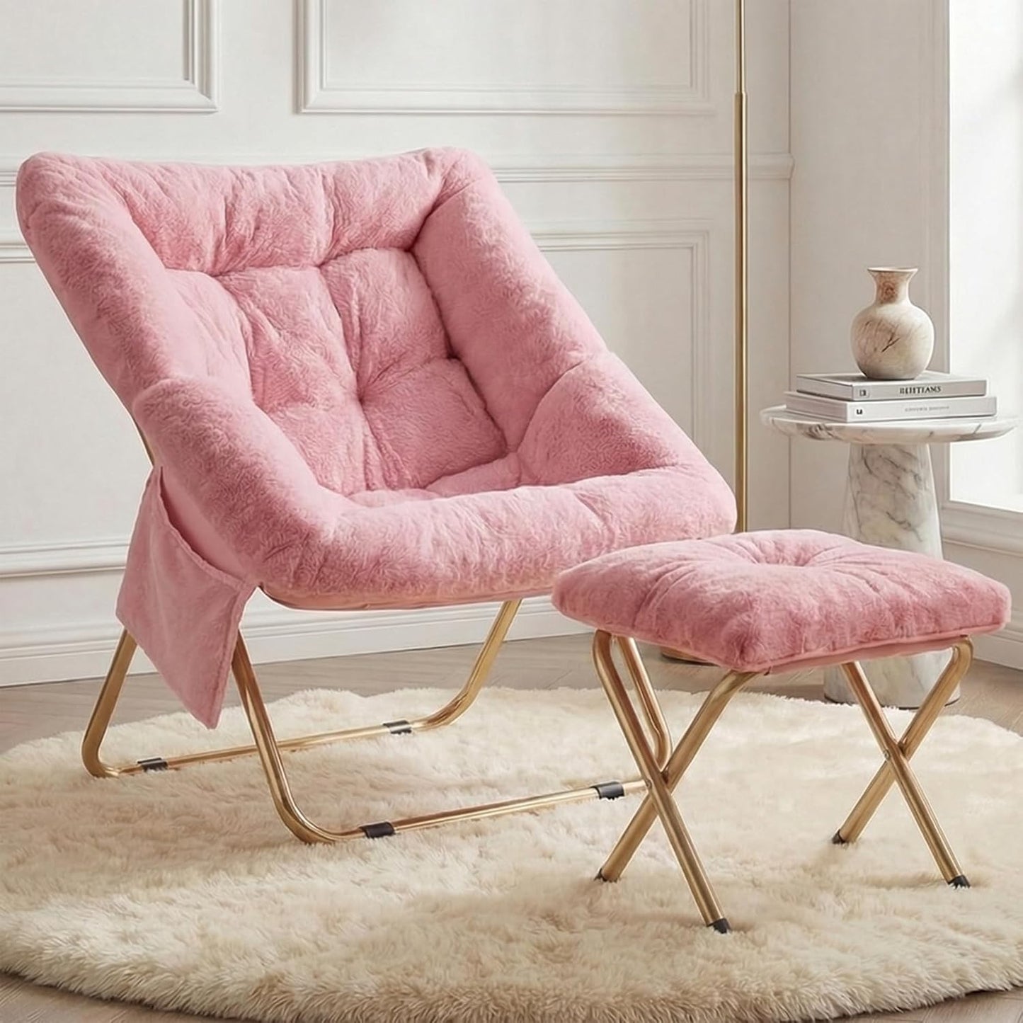 Comfy Saucer Chair for Adults, Foldable Living Room Chairs, Soft Faux Fur Lounge Chair for Bedroom, Reading Chairs, X-Large (Ottoman-White)