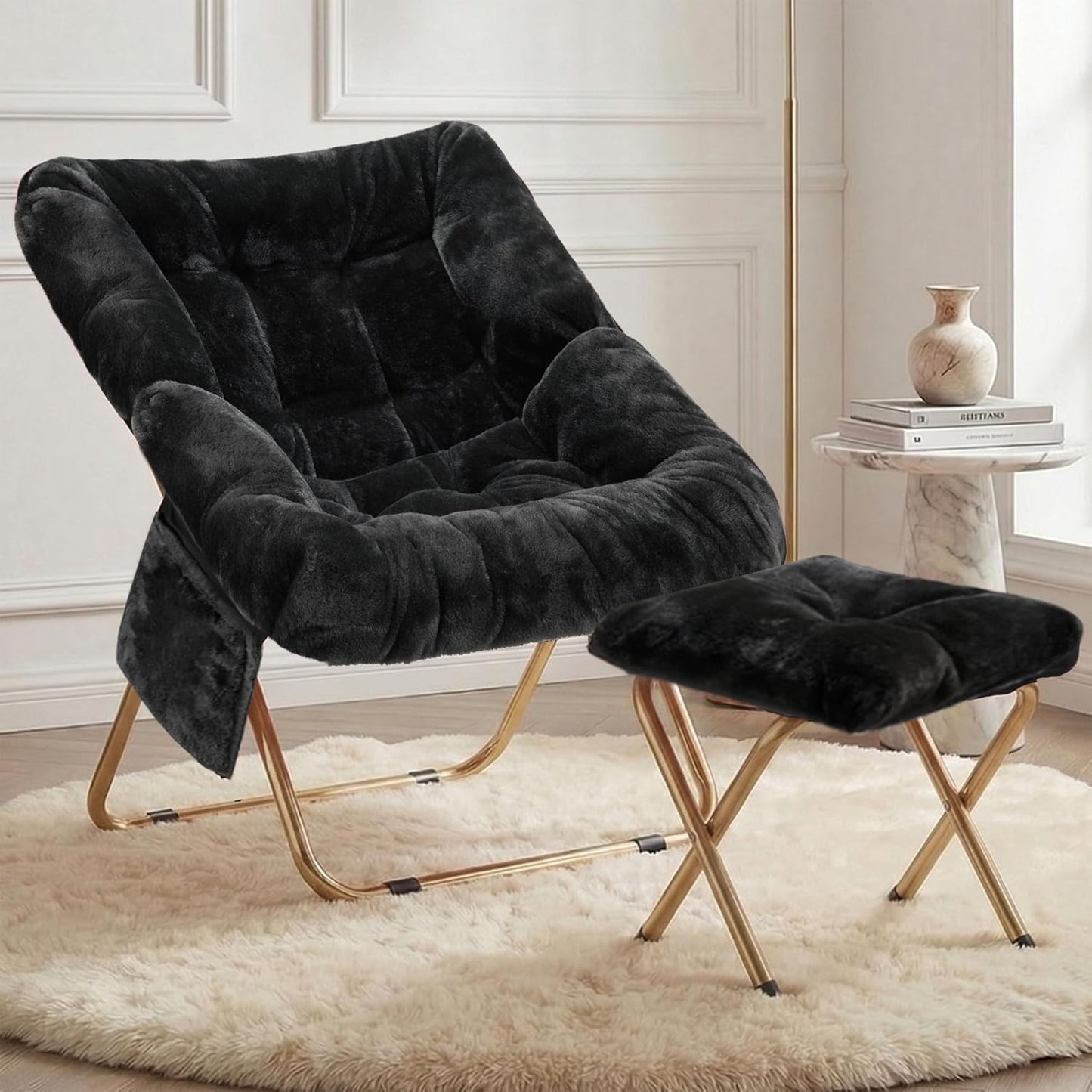 Comfy Saucer Chair for Adults, Foldable Living Room Chairs, Soft Faux Fur Lounge Chair for Bedroom, Reading Chairs, X-Large (Ottoman-White)