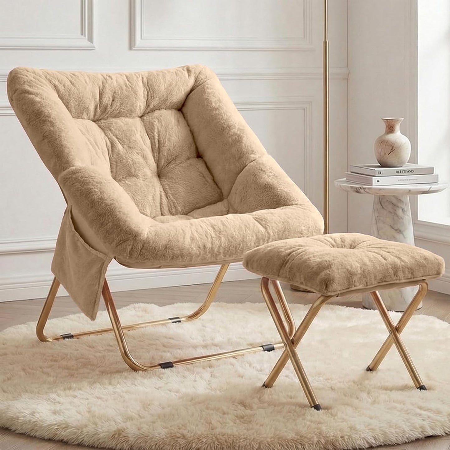 Comfy Saucer Chair for Adults, Foldable Living Room Chairs, Soft Faux Fur Lounge Chair for Bedroom, Reading Chairs, X-Large (Ottoman-White)