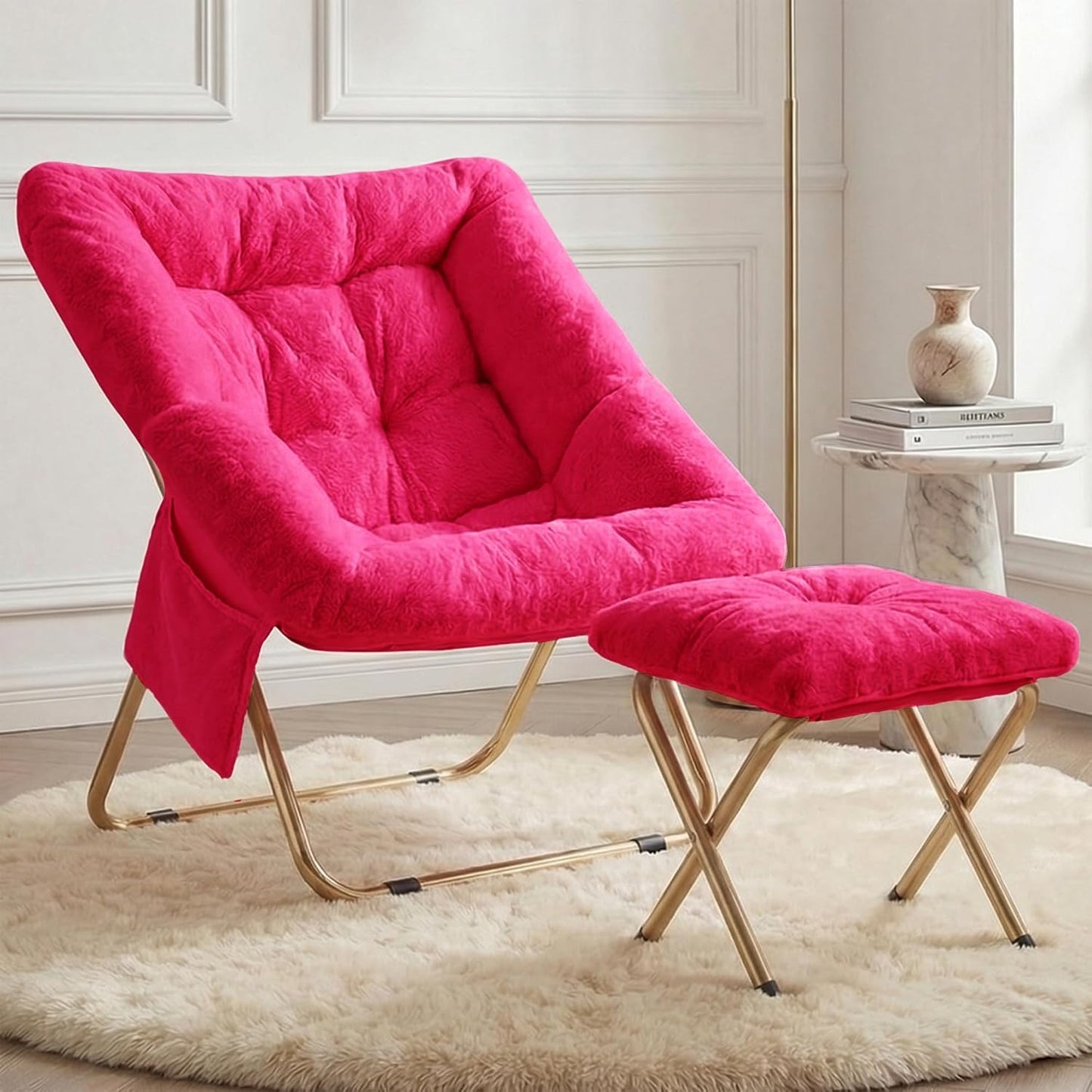 Comfy Saucer Chair for Adults, Foldable Living Room Chairs, Soft Faux Fur Lounge Chair for Bedroom, Reading Chairs, X-Large (Ottoman-White)