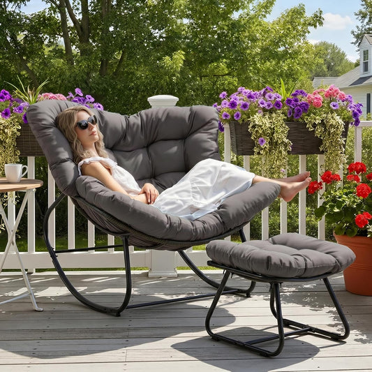 Wisteria Lane Patio Rocking Chair with Ottoman, Outdoor Indoor Rocking Egg Chair with Cushions, Metal Lounge Chair Oversized Papasan Chair, Outdoor Wicker Reading Chair for Porch Garden, Dark Grey